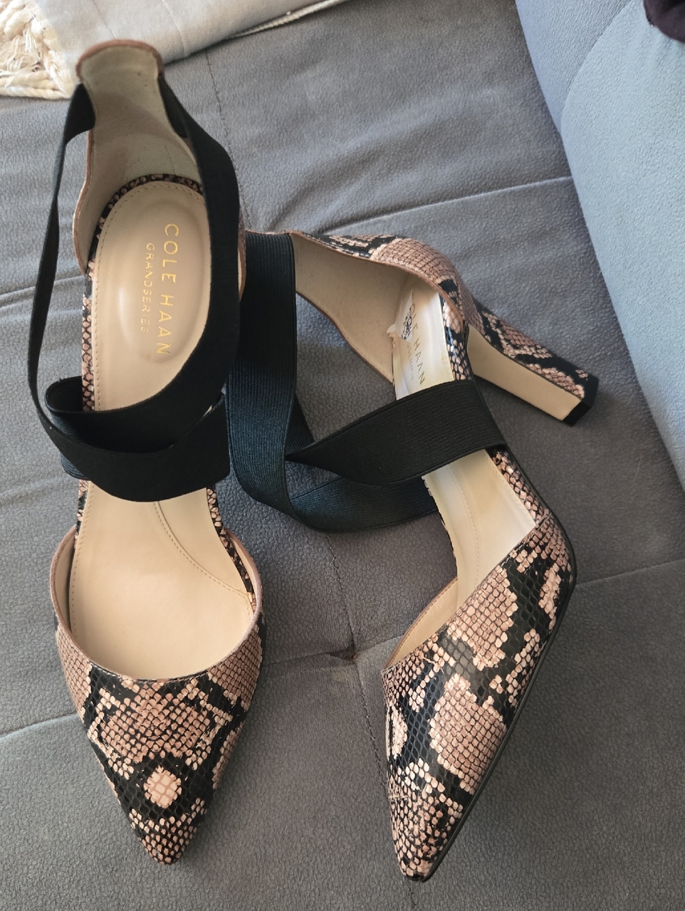 Cole Haan Pink and Black Snake-Print Pointed-Toe Slingback Heels